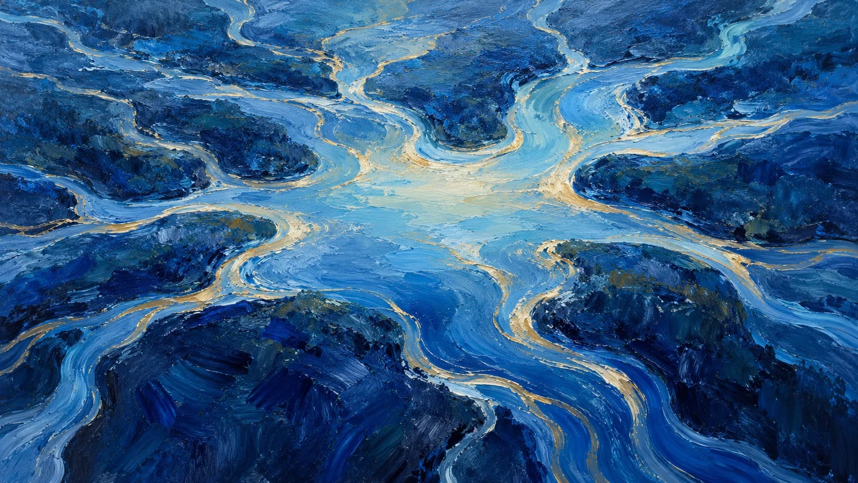 Blue tributaries and pale gold currents circulate around a luminous shared basin.