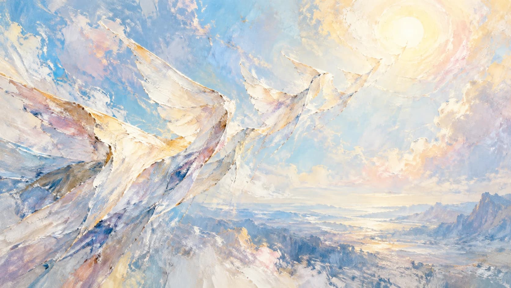 Pale blue and ivory wing forms rise toward a diffuse sun, their edges breaking into translucent fragments.