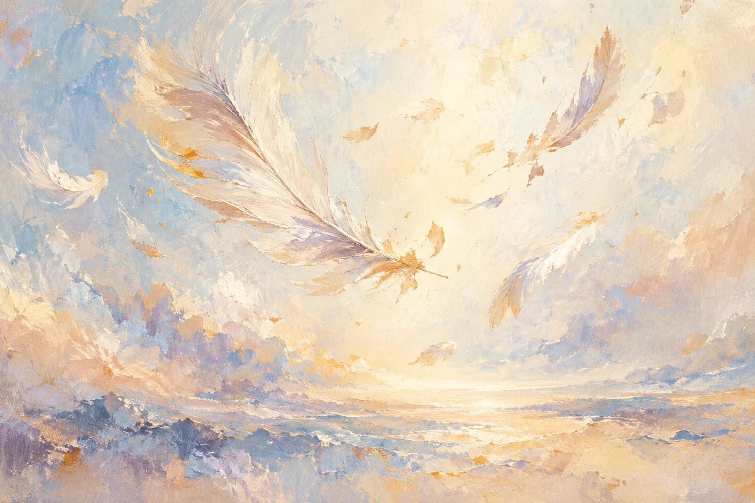 Pale feathers drift through lavender, ivory and apricot light, suggesting the fragile ascent of Icarus.