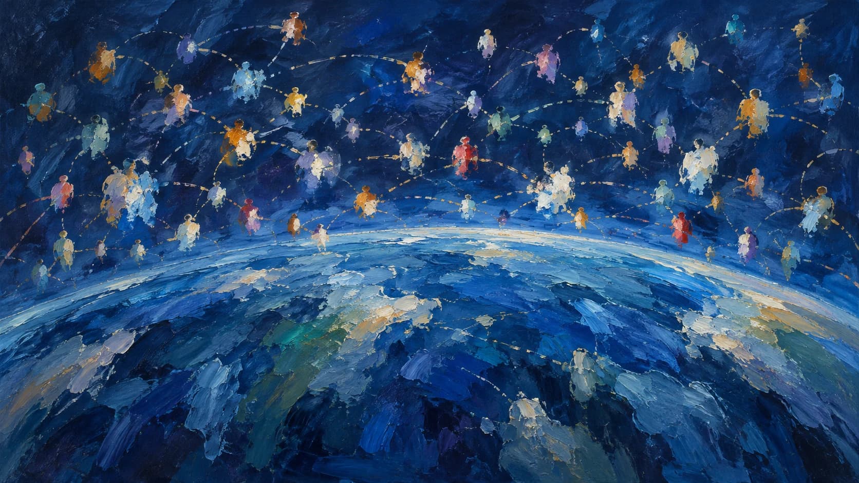 Distinct painted figures connected by broken threads above a deep blue curved horizon.
