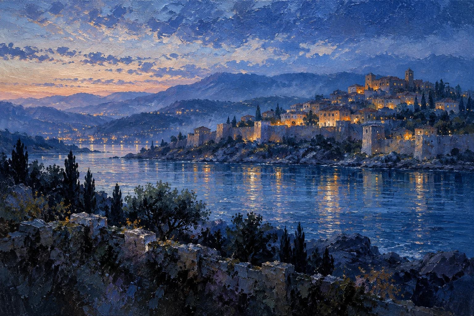 An impressionistic blue lakeside city glows with warm windows beneath a dusk sky.