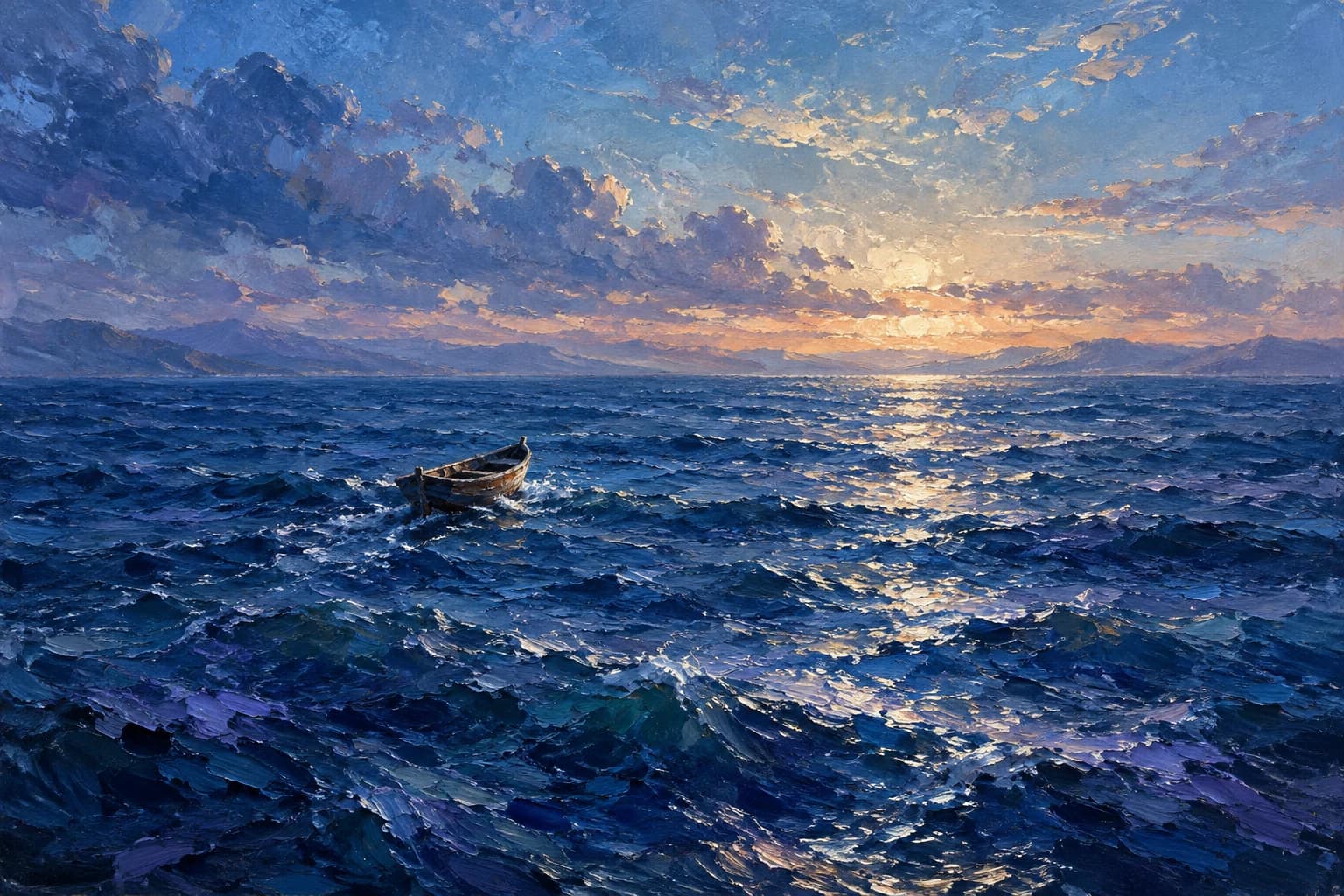An impressionist seascape in deep cobalt and indigo, with a small vessel moving toward a luminous horizon.