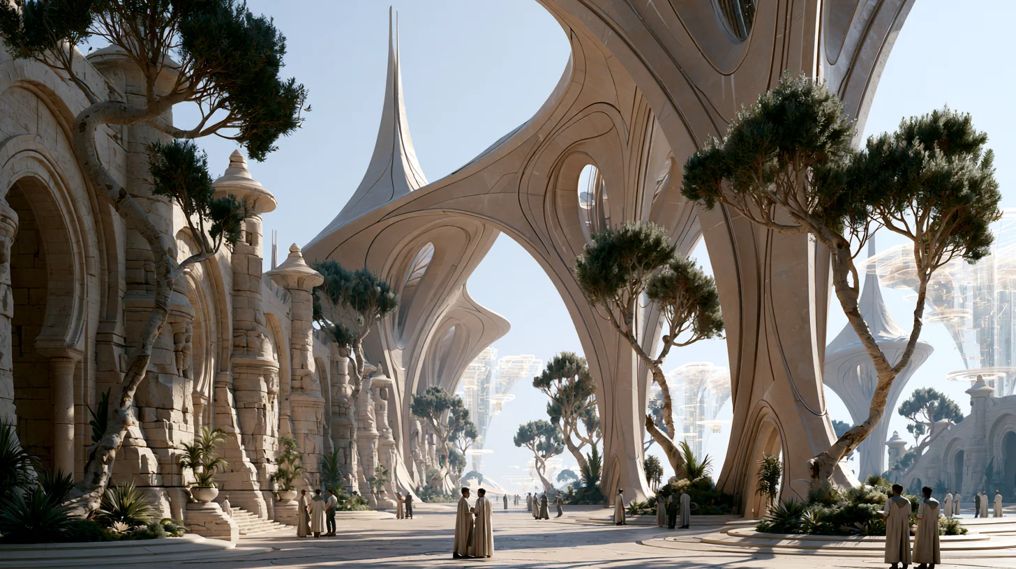 Sunlit civic arches and living trees open onto a possible future