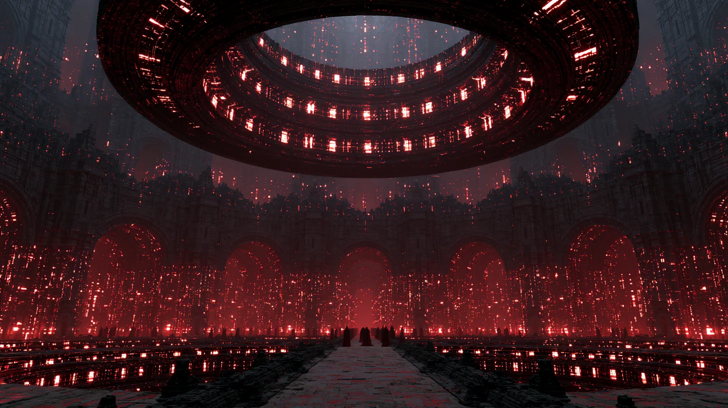 Concentric red terraces descend into a vast subterranean city