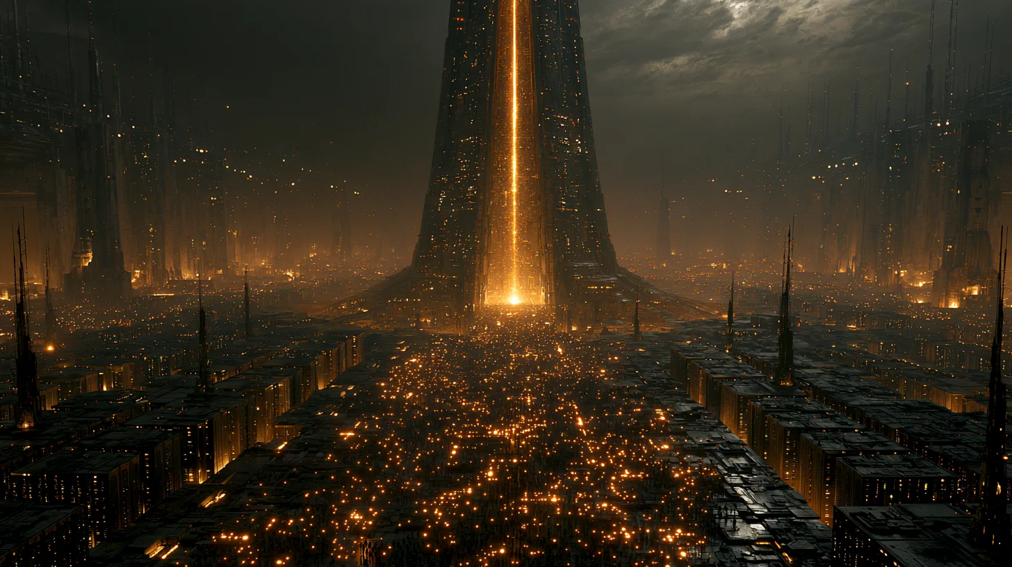 An amber monolith rises above a dark future city