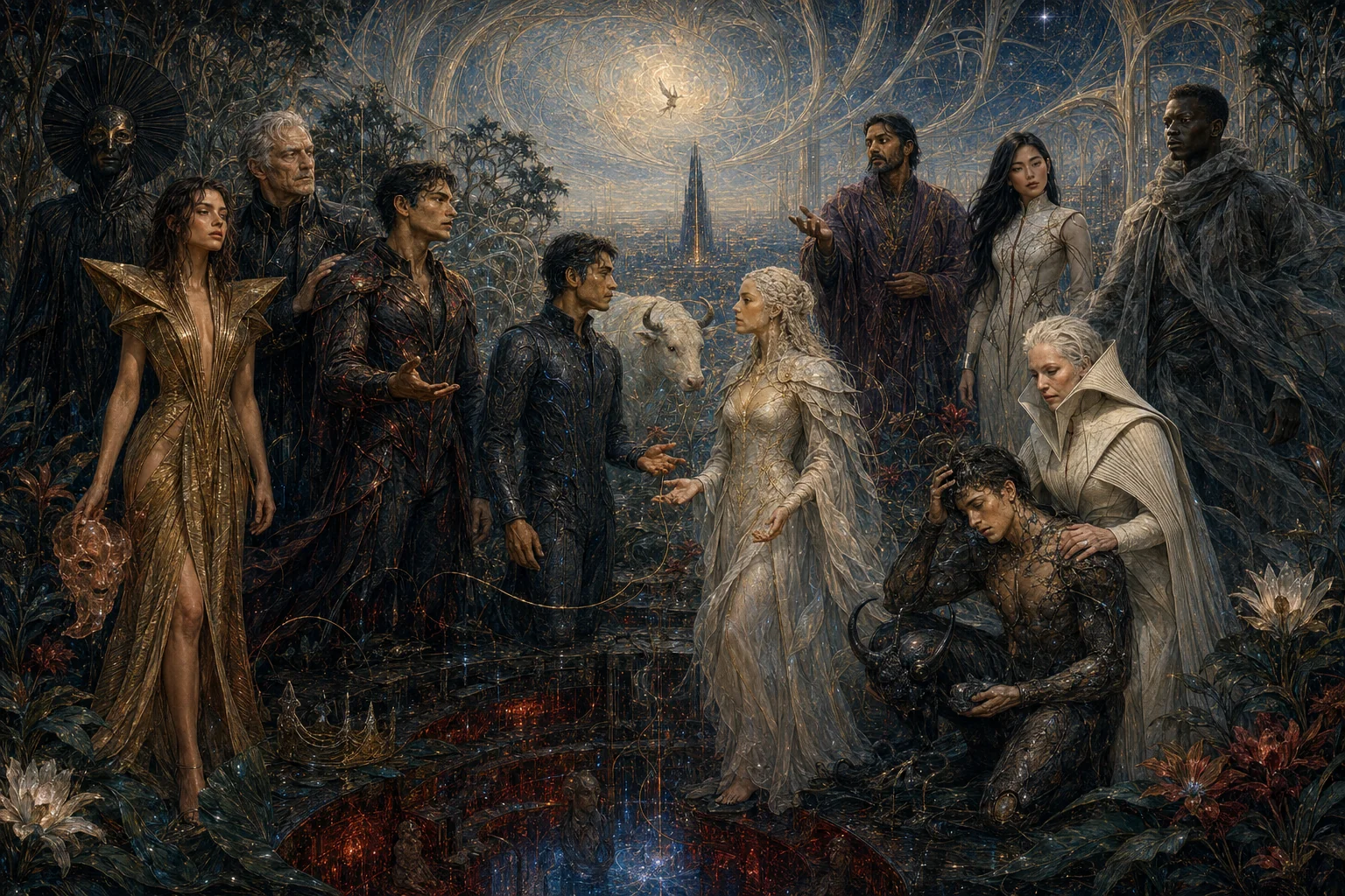 An ensemble of mythic figures and modern characters surrounds a luminous branching world