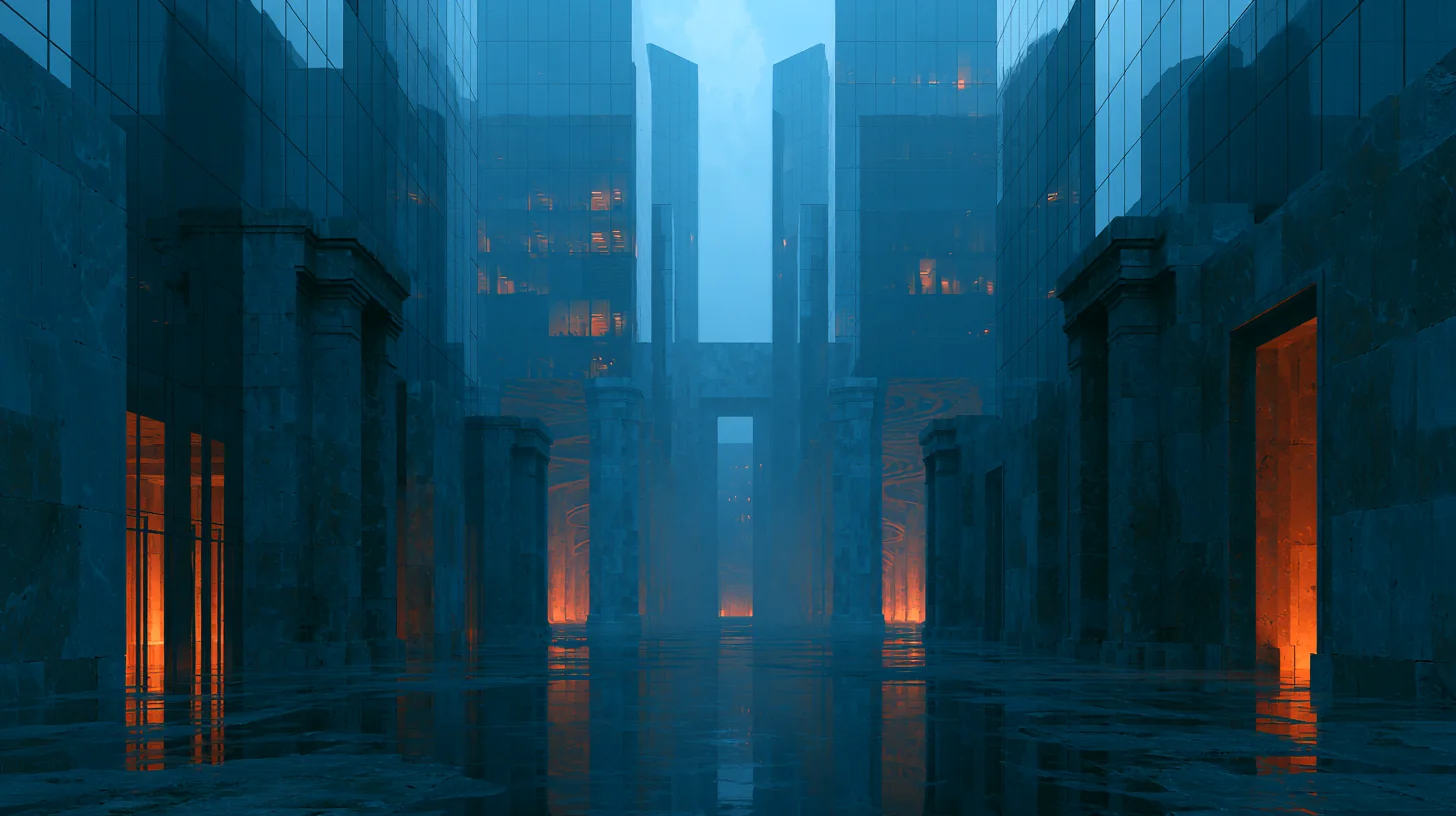 A monumental stone portal enclosed by the glass towers of a speculative Silicon Valley