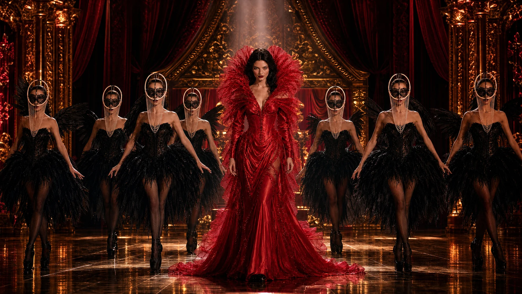 A theatrical figure in crimson stands within an opulent red and gold stage world